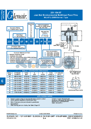 231-104-11M23 datasheet - Jam Nut Environmental Bulkhead Feed-Thru