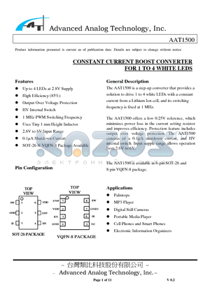 AAT1500 datasheet - CONSTANT CURRENT BOOST CONVERTER FOR 1 TO 4 WHITE LEDS