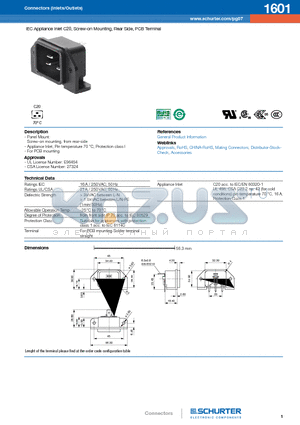 1601 datasheet - IEC Appliance Inlet C20, Screw-on Mounting, Rear Side, PCB Terminal