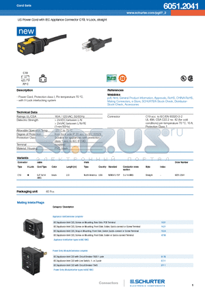 1601 datasheet - US Power Cord with IEC Appliance Connector C19, V-Lock, straight