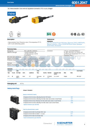 1601 datasheet - IEC Interconnection Cord with IEC Appliance Connector C19, V-Lock, straight