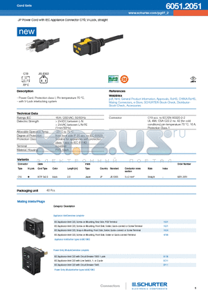 1601 datasheet - JP Power Cord with IEC Appliance Connector C19, V-Lock, straight