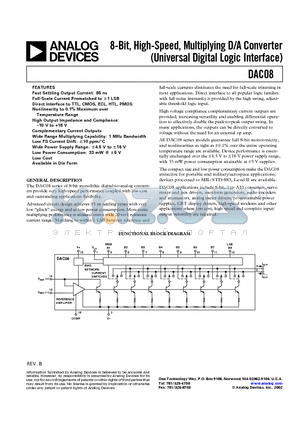 DAC08AQ2/883C datasheet - 8-Bit, High-Speed, Multiplying D/A Converter (Universal Digital Logic Interface)