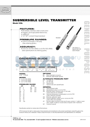 313LBPJAALJCT datasheet - SUBMERSIBLE LEVEL TRANSMITTER