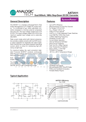 AAT2511 datasheet - Dual 600mA, 1MHz Step-Down DC/DC Converter