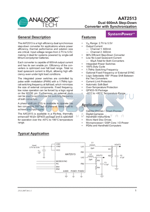 AAT2513IVN-AA-T1 datasheet - Dual 600mA Step-Down Converter with Synchronization