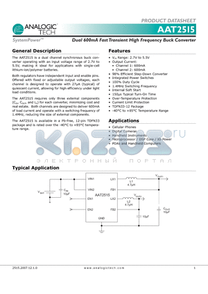 AAT2515IWP-AA-T1 datasheet - Dual 600mA Fast Transient High Frequency Buck Converter