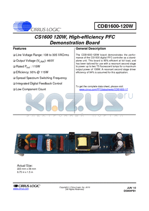 CDB1600-120W datasheet - CS1600 120W, High-efficiency PFC Demonstration Board