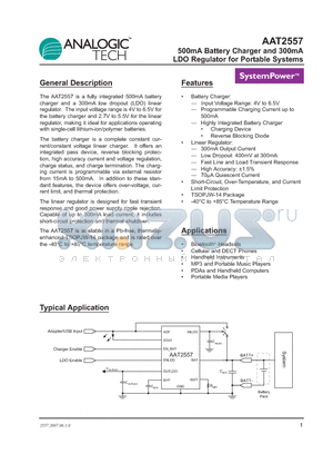 AAT2557 datasheet - 500mA Battery Charger and 300mA LDO Regulator for Portable Systems