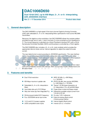 DAC1008D650 datasheet - Dual 10-bit DAC; up to 650 Msps; 2, 4 or 8 interpolating with JESD204A interface