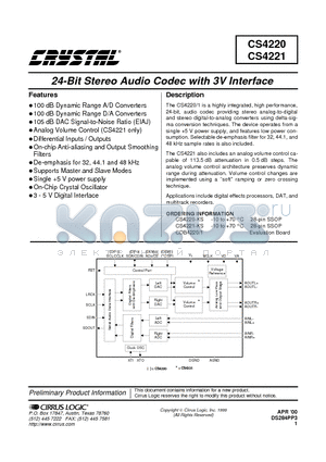 CDB4220 datasheet - 24-Bit Stereo Audio Codec with 3V Interface