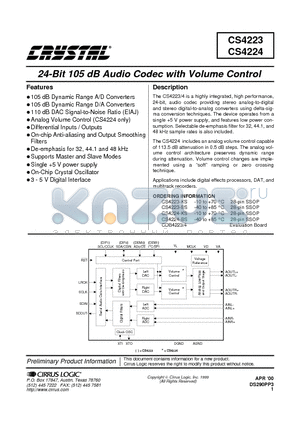 CDB4224 datasheet - 24-Bit 105 dB Audio Codec with Volume Control