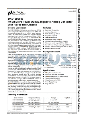 DAC108S085 datasheet - 10-Bit Micro Power OCTAL Digital-to-Analog Converter with Rail-to-Rail Outputs