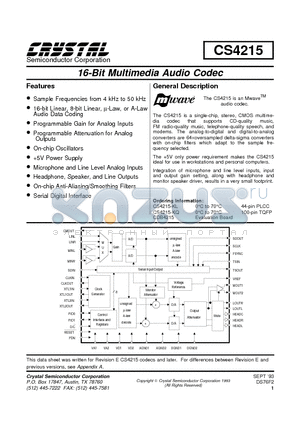 CDB4215 datasheet - 16-Bit Multimedia Audio Codec
