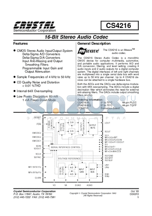 CDB4216 datasheet - 16-Bit Stereo Audio Codec