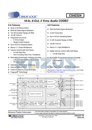 CDB42324 datasheet - 10-In, 6-Out, 2 Vrms Audio CODEC