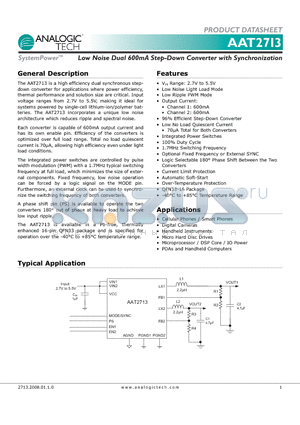 AAT2713 datasheet - Low Noise Dual 600mA Step-Down Converter with Synchronization