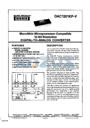 DAC1201KP-V datasheet - MONOLITHIC MICROPROCESSOR-COMPATIBLE 12 BIT RESOLUTIION DIGITAL-TO-ANALOG CONVERTER