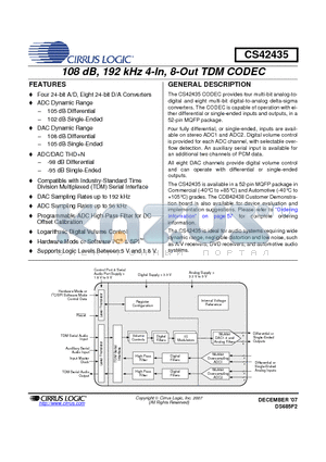 CDB42438 datasheet - 108 dB, 192 kHz 4-In, 8-Out TDM CODEC