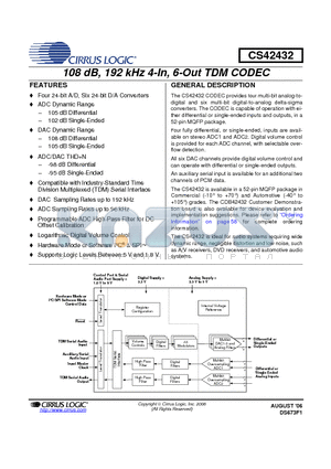 CDB42438 datasheet - 108 dB, 192 kHz 4-In, 6-Out TDM CODEC