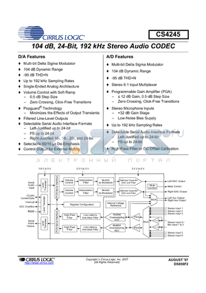 CDB4245 datasheet - 104 dB, 24-Bit, 192 kHz Stereo Audio CODEC