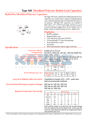 160124M1000O-F datasheet - Type 160 Metallized Polyester Radial Lead Capacitors