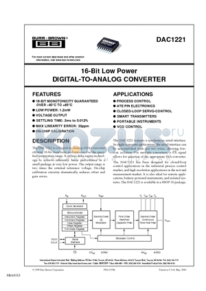 DAC1221EG4 datasheet - 16-Bit Low Power DIGITAL-TO-ANALOG CONVERTER