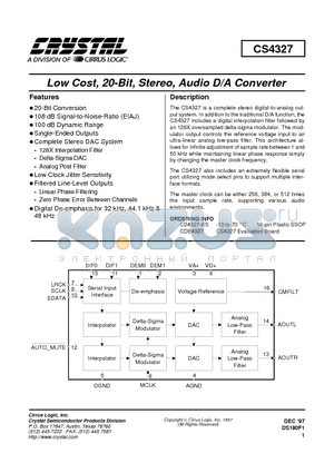 CDB4327 datasheet - Low Cost, 20-Bit, Stereo, Audio D/A Converter