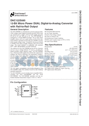 DAC122S085 datasheet - 12-Bit Micro Power DUAL Digital-to-Analog Converter with Rail-to-Rail Output
