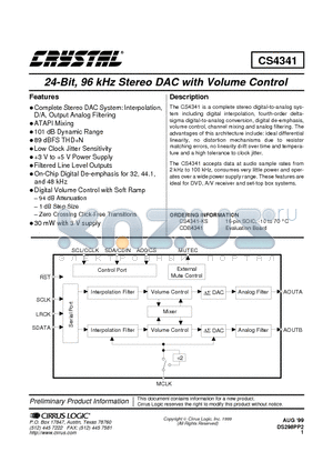 CDB4341 datasheet - 24-Bit, 96 kHz Stereo DAC with Volume Control