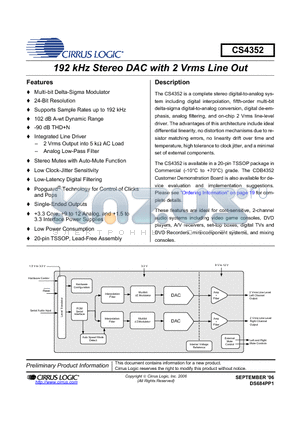 CDB4352 datasheet - 192 kHz Stereo DAC with 2 Vrms Line Out