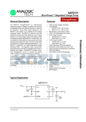 AAT3111 datasheet - MicroPower Regulated Charge Pump