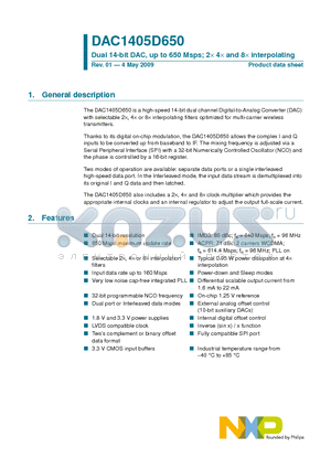 DAC1405D650 datasheet - Dual 14-bit DAC, up to 650 Msps; 2d 4d and 8d interpolating