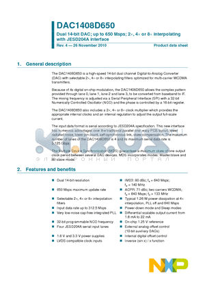 DAC1408D650 datasheet - Dual 14-bit DAC; up to 650 Msps; 2, 4 or 8 interpolating with JESD204A interface