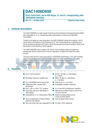 DAC1408D650 datasheet - Dual 14-bit DAC, up to 650 Msps, 2d and 4d interpolating with JESD204A interface