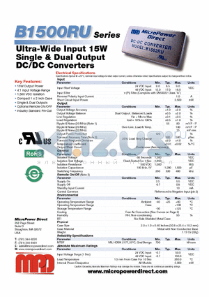 B1503RU datasheet - Ultra-Wide Input 15W Single & Dual Output DC/DC Converters