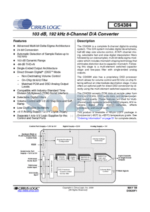 CDB4384 datasheet - 103 dB, 192 kHz 8-Channel D/A Converter
