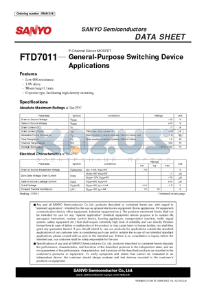 ENA1316 datasheet - P-Channel Silicon MOSFET General-Purpose Switching Device Applications