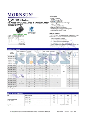 B1505XT-1WR2 datasheet - 1W, FIXED INPUT, ISOLATED & UNREGULATED SINGLE OUTPUT