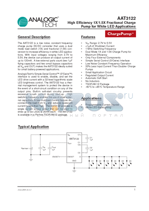 AAT3122ITP-T1 datasheet - High Efficiency 1X/1.5X Fractional Charge Pump for White LED Applications