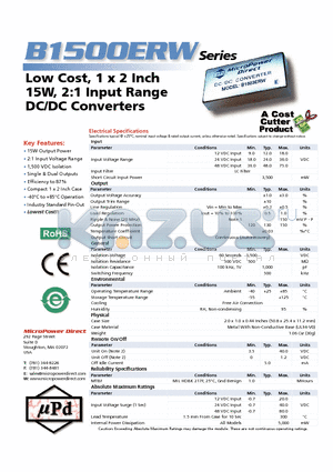 B1511ERW datasheet - Low Cost, 1 x 2 Inch 15W, 2:1 Input Range DC/DC Converters
