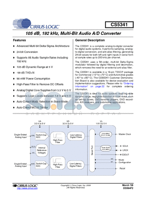 CDB5341 datasheet - 105 dB, 192 kHz, Multi-Bit Audio A/D Converter