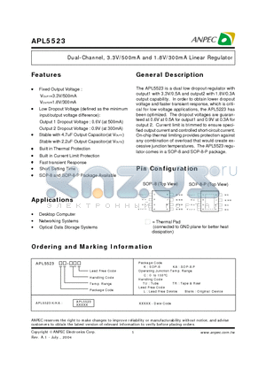 APL5523KC-TUL datasheet - Dual-Channel, 3.3V/500mA and 1.8V/300mA Linear Regulator