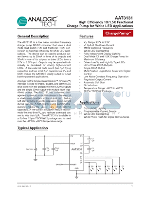 AAT3131ITP-T1 datasheet - High Efficiency 1X/1.5X Fractional Charge Pump for White LED Applications