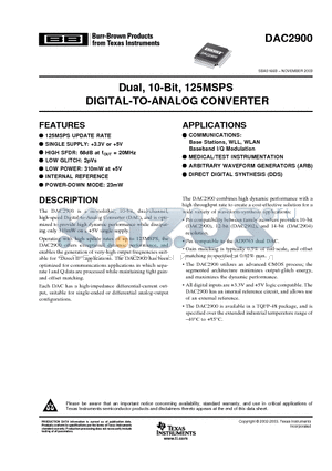 DAC2900 datasheet - Dual, 10-Bit, 125MSPS DIGITAL-TO-ANALOG CONVERTER