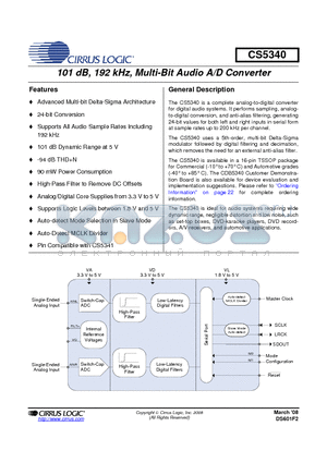 CDB5340 datasheet - 101 dB, 192 kHz, Multi-Bit Audio A/D Converter