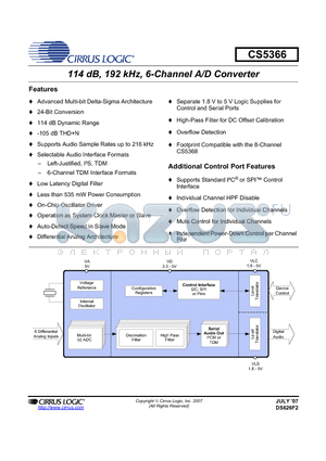 CDB5366 datasheet - 114 dB, 192 kHz, 6-Channel A/D Converter