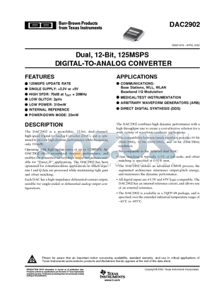 DAC2902Y datasheet - Dual, 12-Bit, 125MSPS DIGITAL-TO-ANALOG CONVERTER