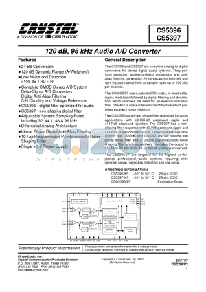 CDB5397 datasheet - 120 dB, 96 kHZ Audio A/D Converter