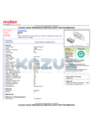 799801063 datasheet - 1.27mm (.050) Pitch Low Force Helix (LFH) Matrix 50 Shielded Plug, Cable Kit, 60 Circuits, 3.0m (9.84) Length